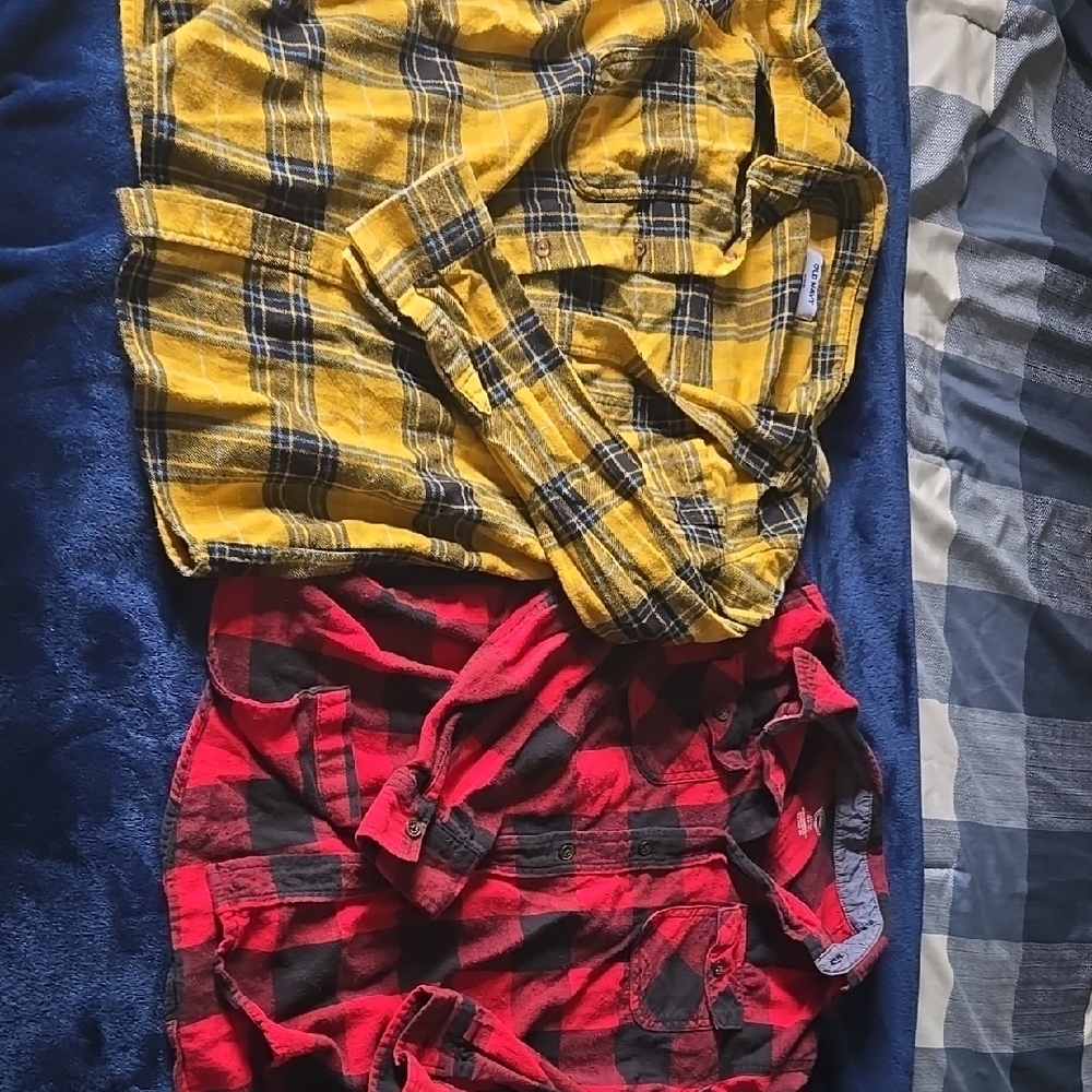 Boys  14/16 Yellow and Red Plaid Button-Up Shirts Old Navy And Walmart Set Of 2